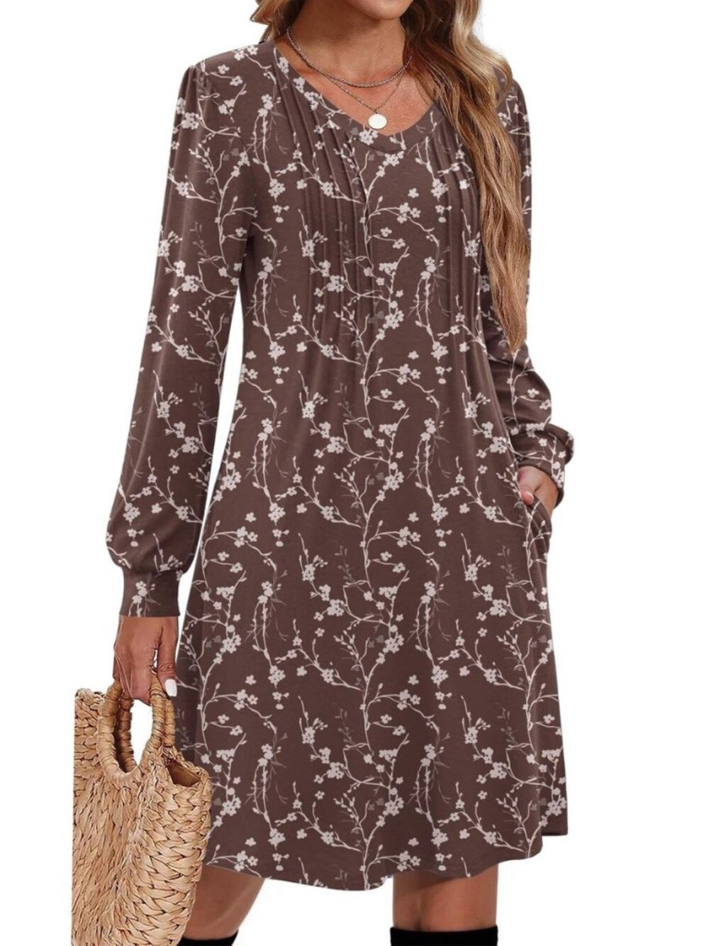 Fall Dresses for Women Long Sleeve Casual Pleated V Neck Dress 2026 A Line Tunic
